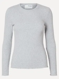 Selected Geribde top met lange mouwen Anna Light+Grey+Melange New