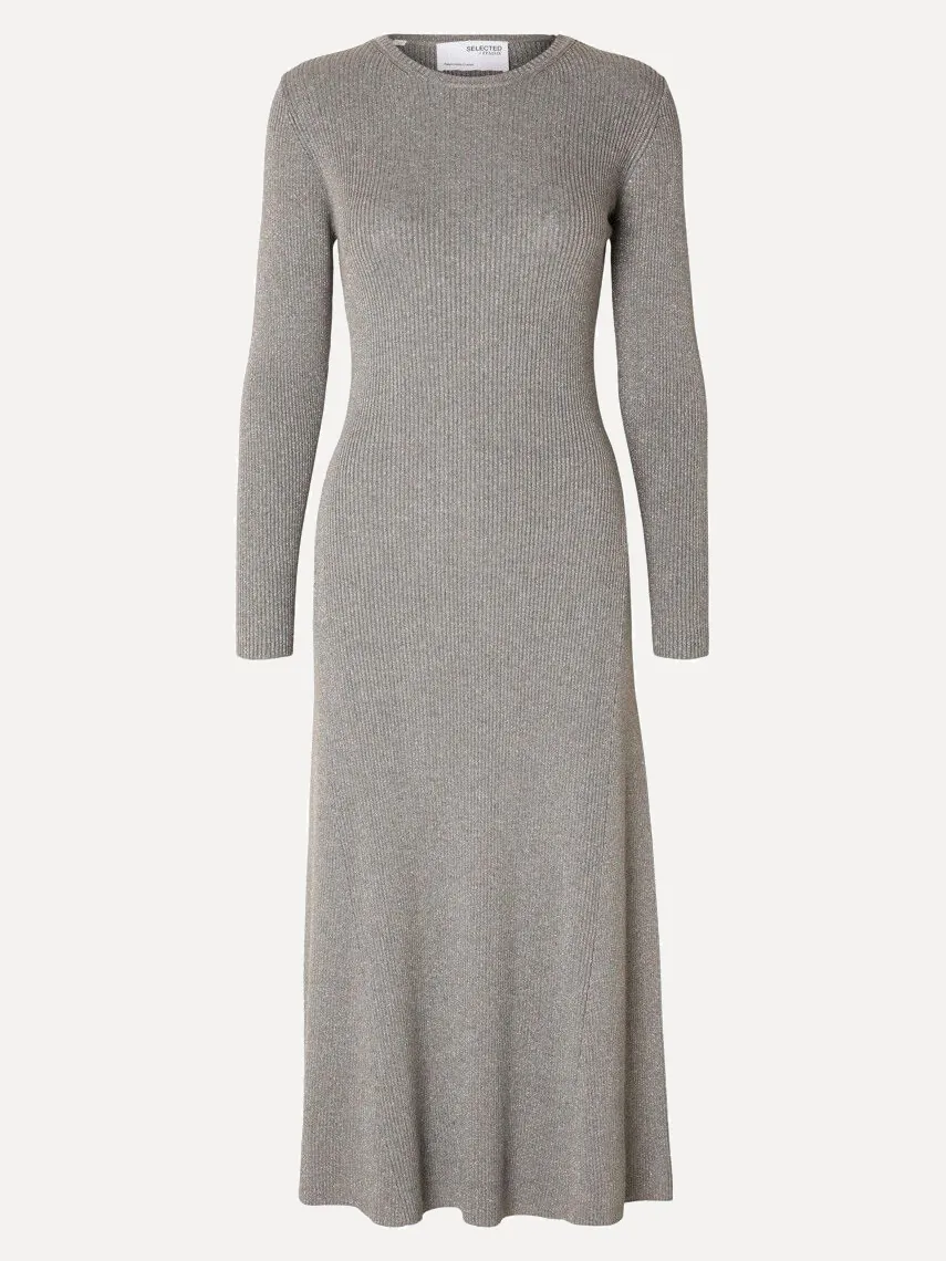 Selected Metallic knit midi jurk Lura Medium+Grey+Melange Hot
