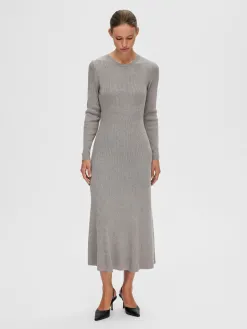 Selected Metallic knit midi jurk Lura Medium+Grey+Melange Hot